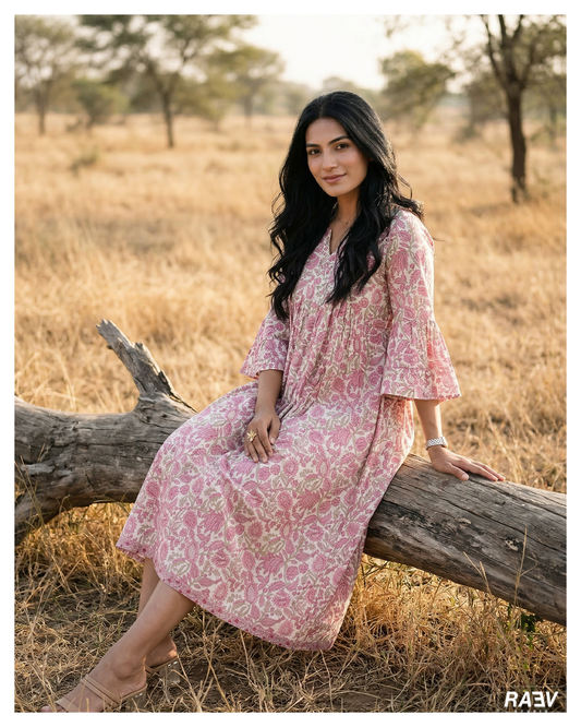 Hand Block Printed Pink Floral Fit & Flare Dress