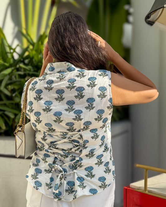 Blue Rose Lace-Up Collared Shirt