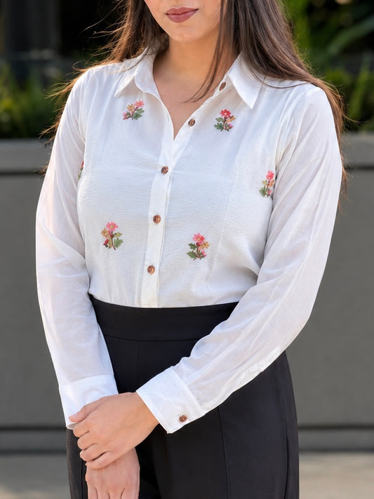 Silken Chanderi Floral Embroidered Shirt