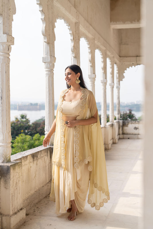 Saanjh - A Designer Ivory Draped Dhoti Skirt Set