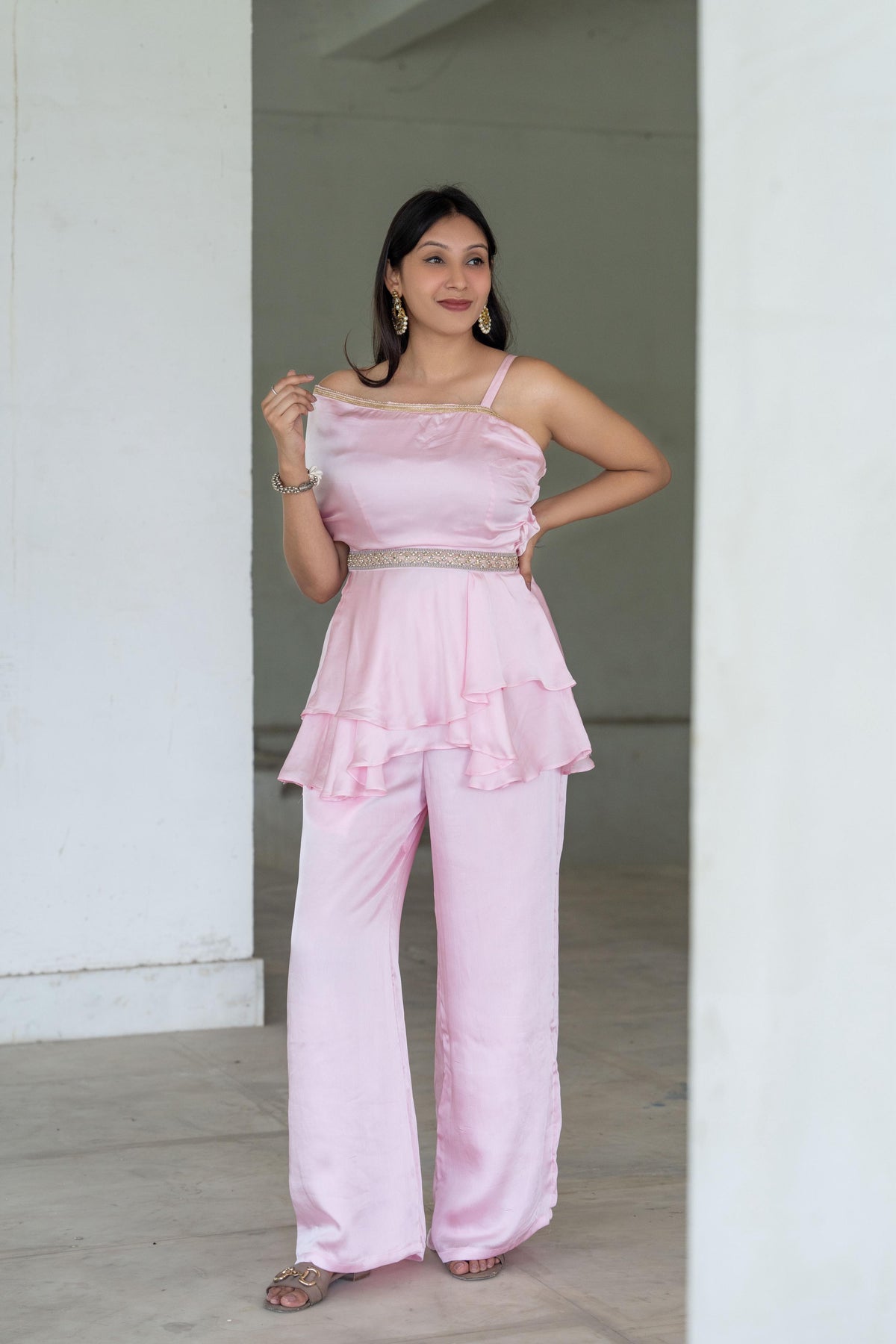Blush Pink Georgette Satin Peplum Set