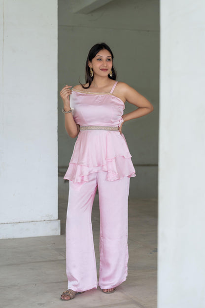 Blush Pink Georgette Satin Peplum Set