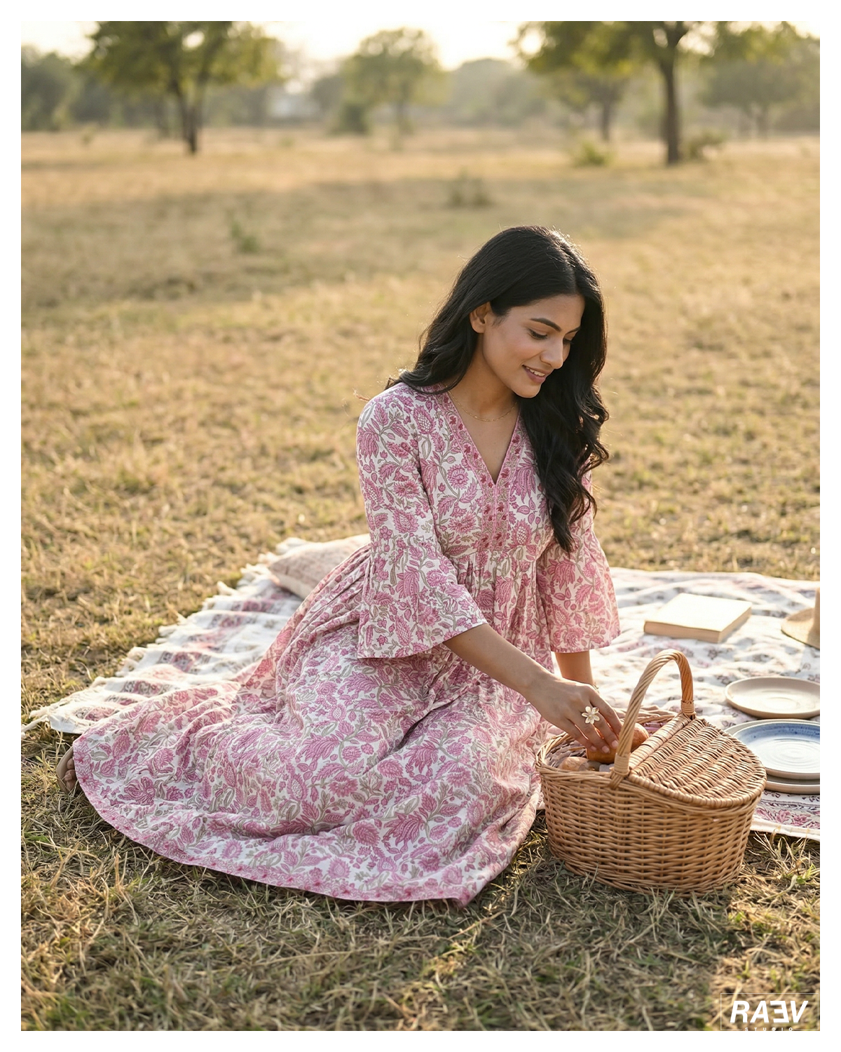Hand Block Printed Pink Floral Fit & Flare Dress