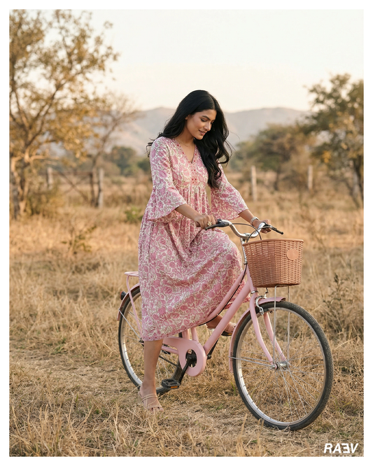 Hand Block Printed Pink Floral Fit & Flare Dress