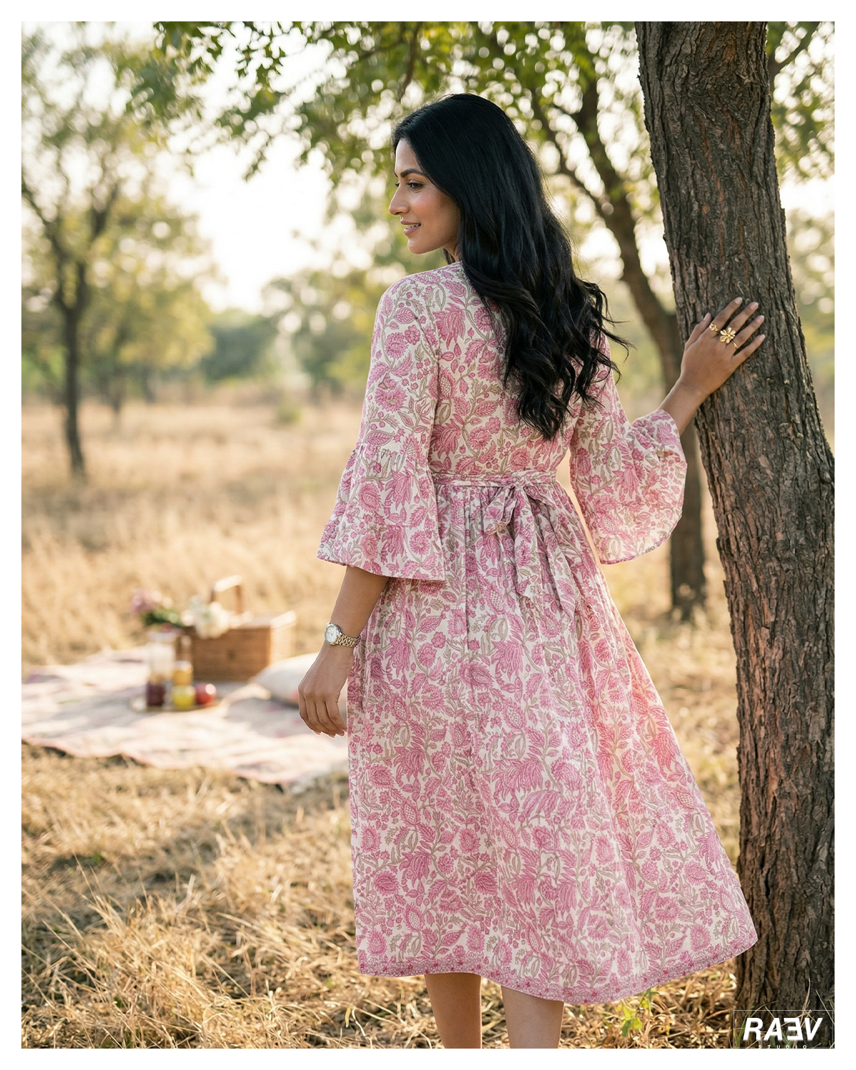 Hand Block Printed Pink Floral Fit & Flare Dress