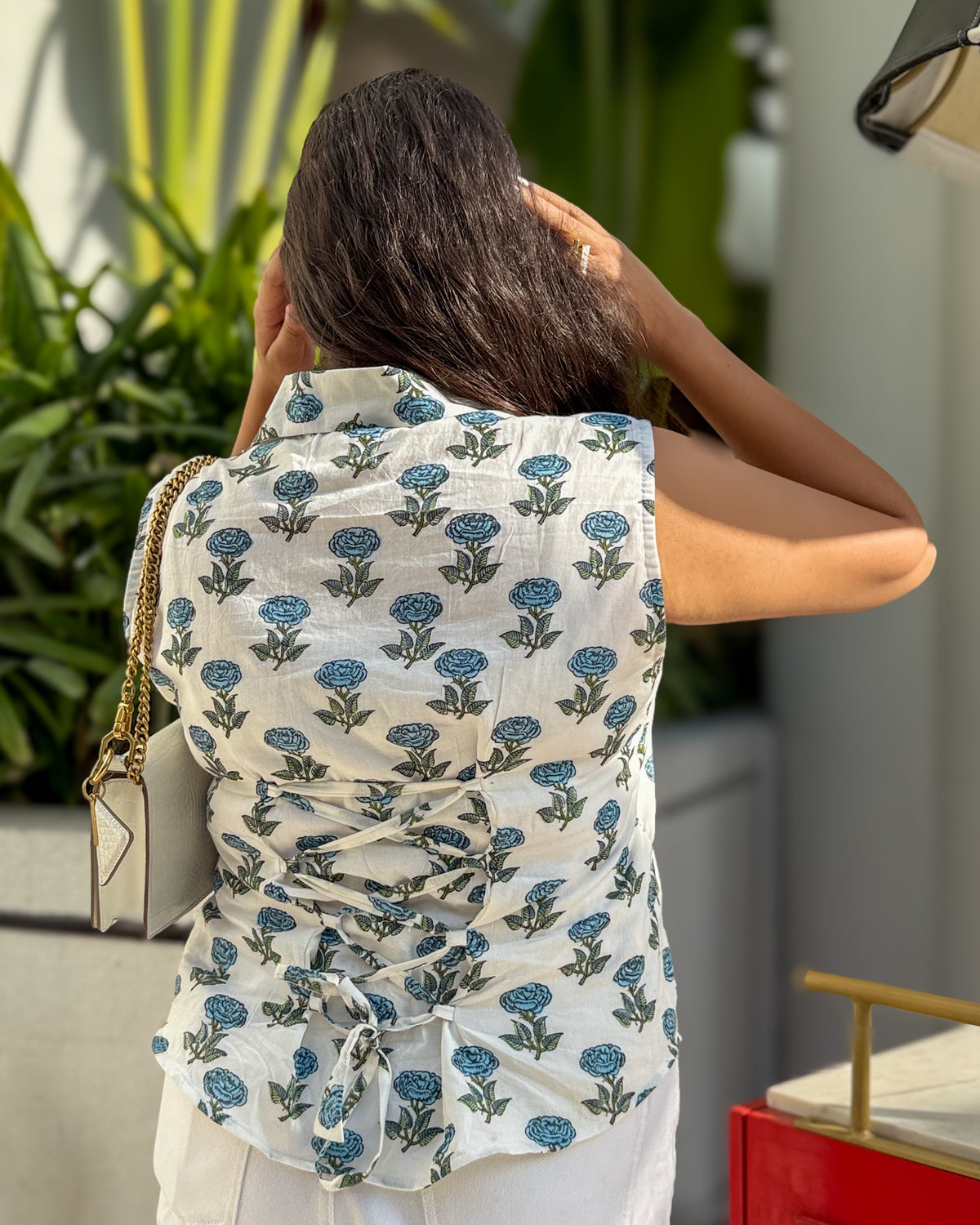 Blue Rose Lace-Up Collared Shirt